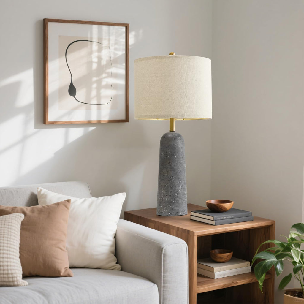 BOBOMOMO 27.25" Modern Table Lamp Set of 2, Gray Resin Lamp with Natural Stone Look