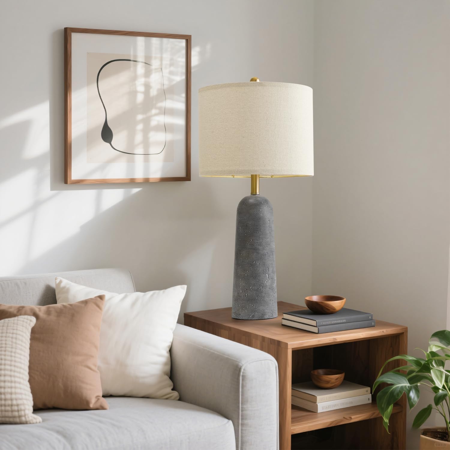 BOBOMOMO 27.25" Modern Table Lamp Set of 2, Gray Resin Lamp with Natural Stone Look