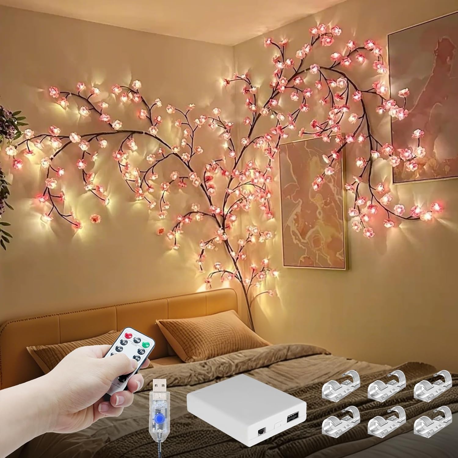 Cherry Enchanted Willow Vine Lights, 4FT 48LED Pink Cherry Blossom Tree Branch Lights for Wall