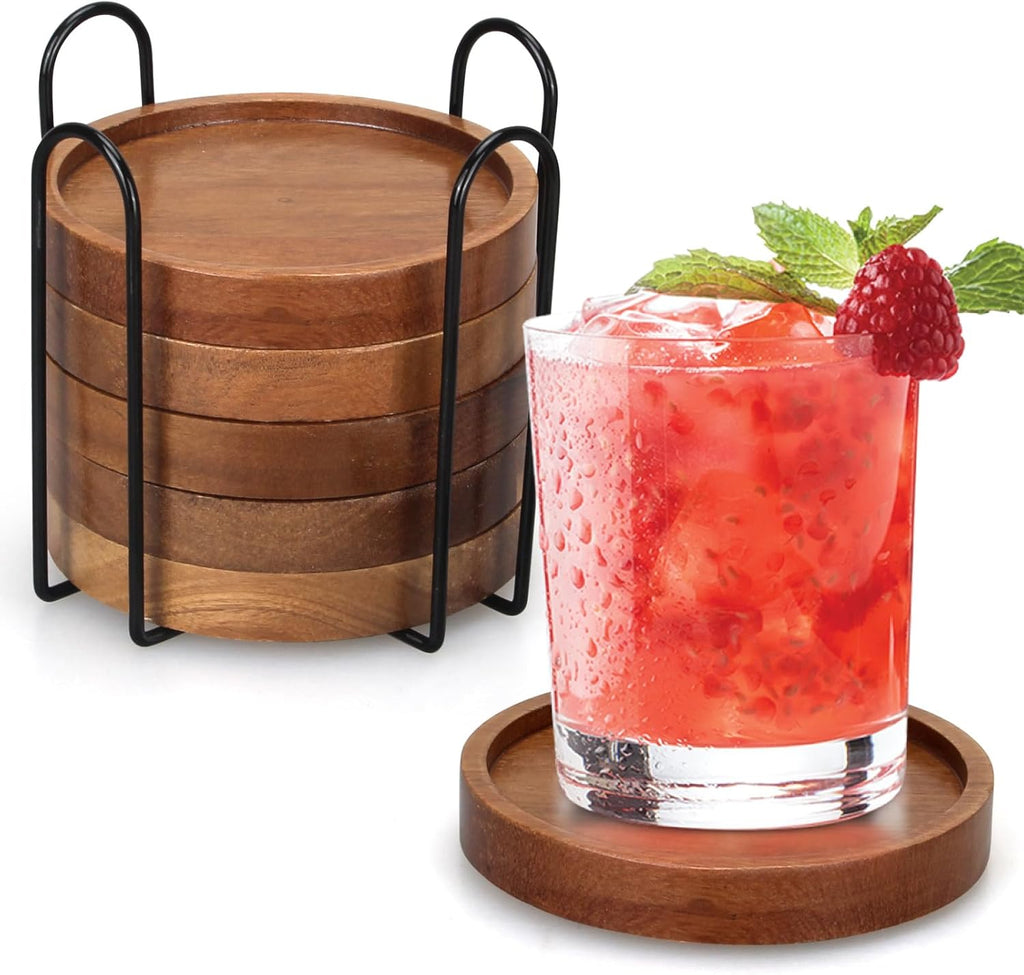 6 Pcs Best Wooden Coasters with Holder Coffee Table Decor Acacia Wood Coaster Set Modern Cup Coaster for Drink Home Dining