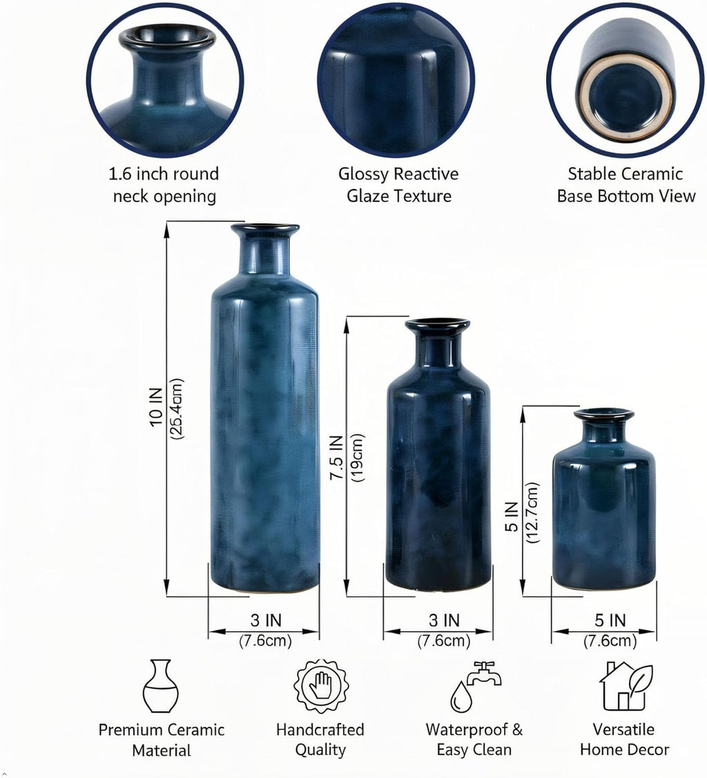 Mowtanco Blue Ceramic Vase Set of 3 Small Vases