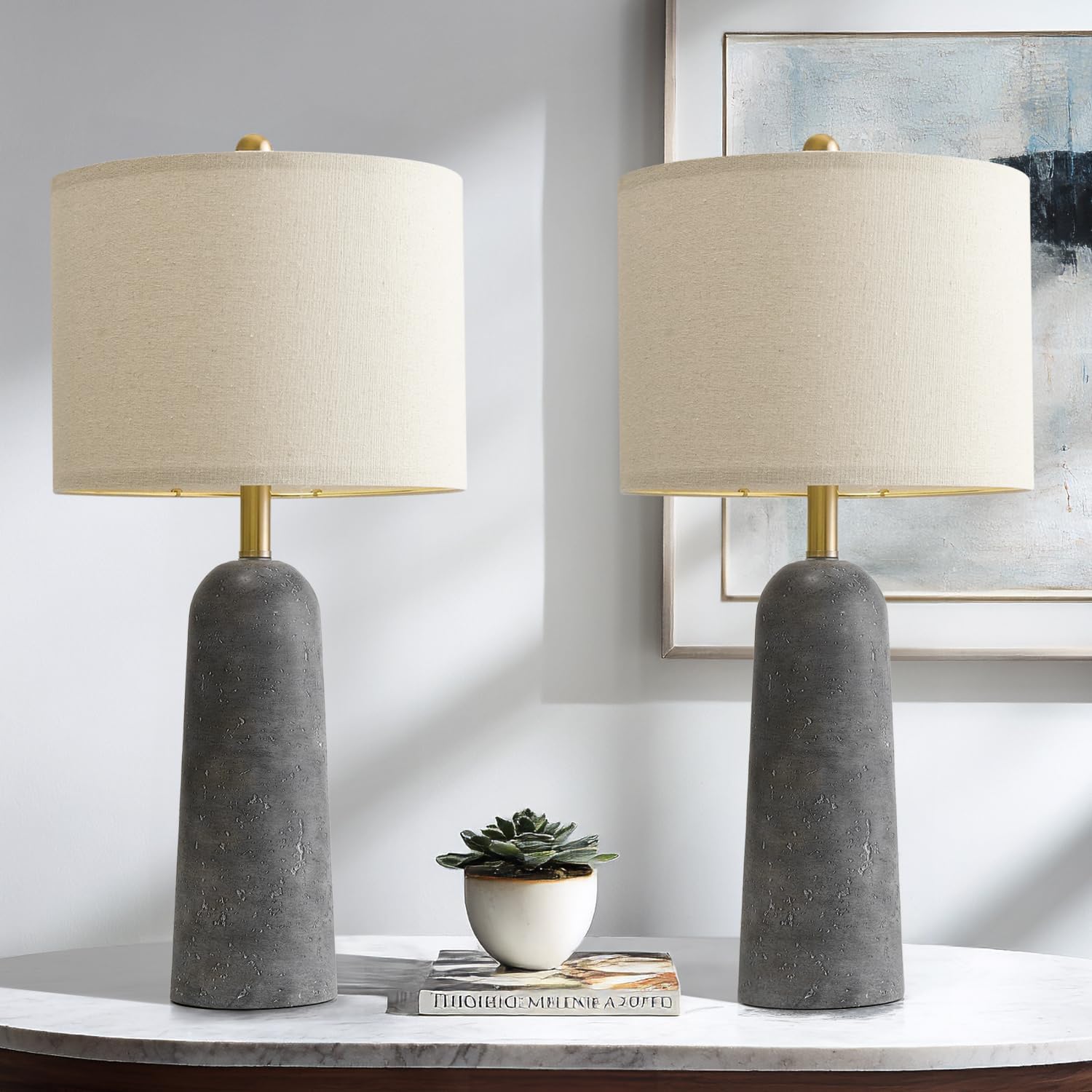 BOBOMOMO 27.25" Modern Table Lamp Set of 2, Gray Resin Lamp with Natural Stone Look