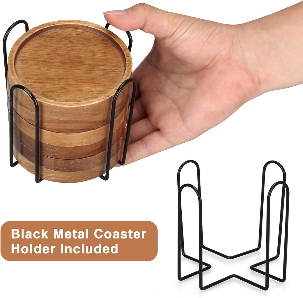 6 Pcs Best Wooden Coasters with Holder Coffee Table Decor Acacia Wood Coaster Set Modern Cup Coaster for Drink Home Dining