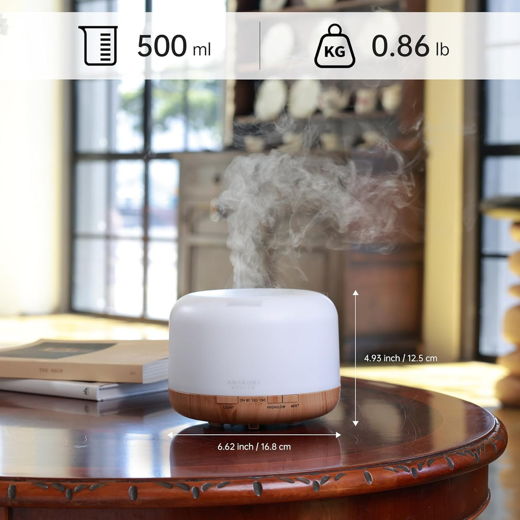 ASAKUKI Essential Oil Diffuser for Home, 500ML Aromatherapy Diffuser Humidifier with Remote Control, 7 Color LED Lights
