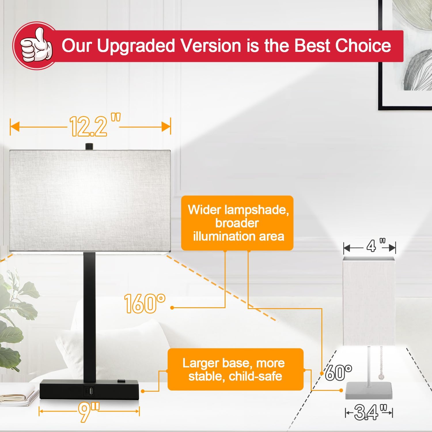21" Touch Bedside lamps with 2 USB & AC Outlets, 3-Way Dimmable Bedside Table Lamps Set of 2