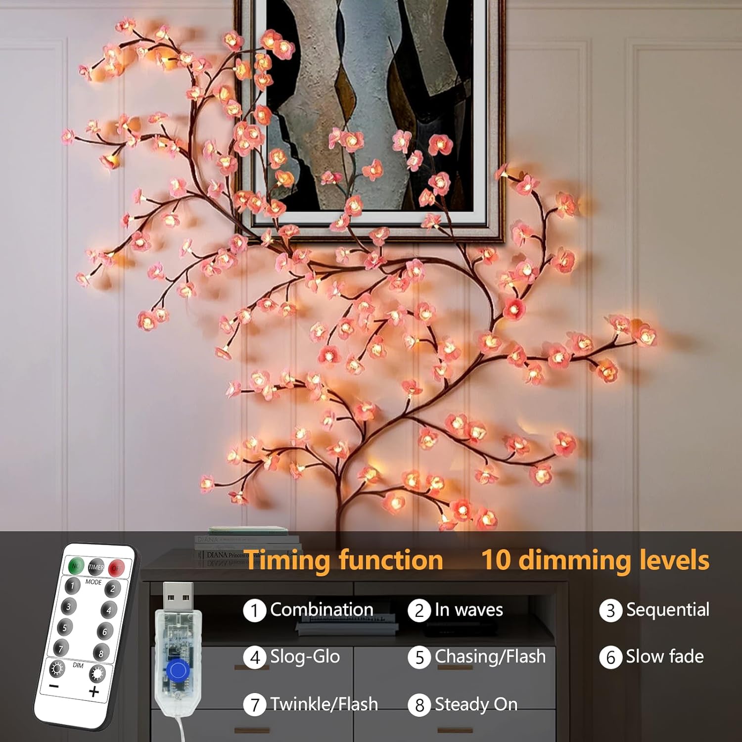 Cherry Enchanted Willow Vine Lights, 4FT 48LED Pink Cherry Blossom Tree Branch Lights for Wall