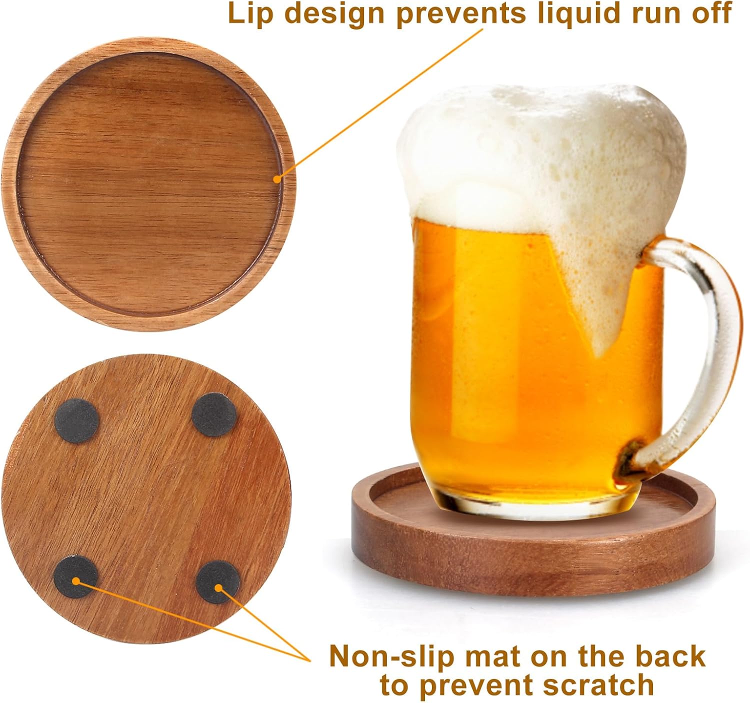 6 Pcs Best Wooden Coasters with Holder Coffee Table Decor Acacia Wood Coaster Set Modern Cup Coaster for Drink Home Dining