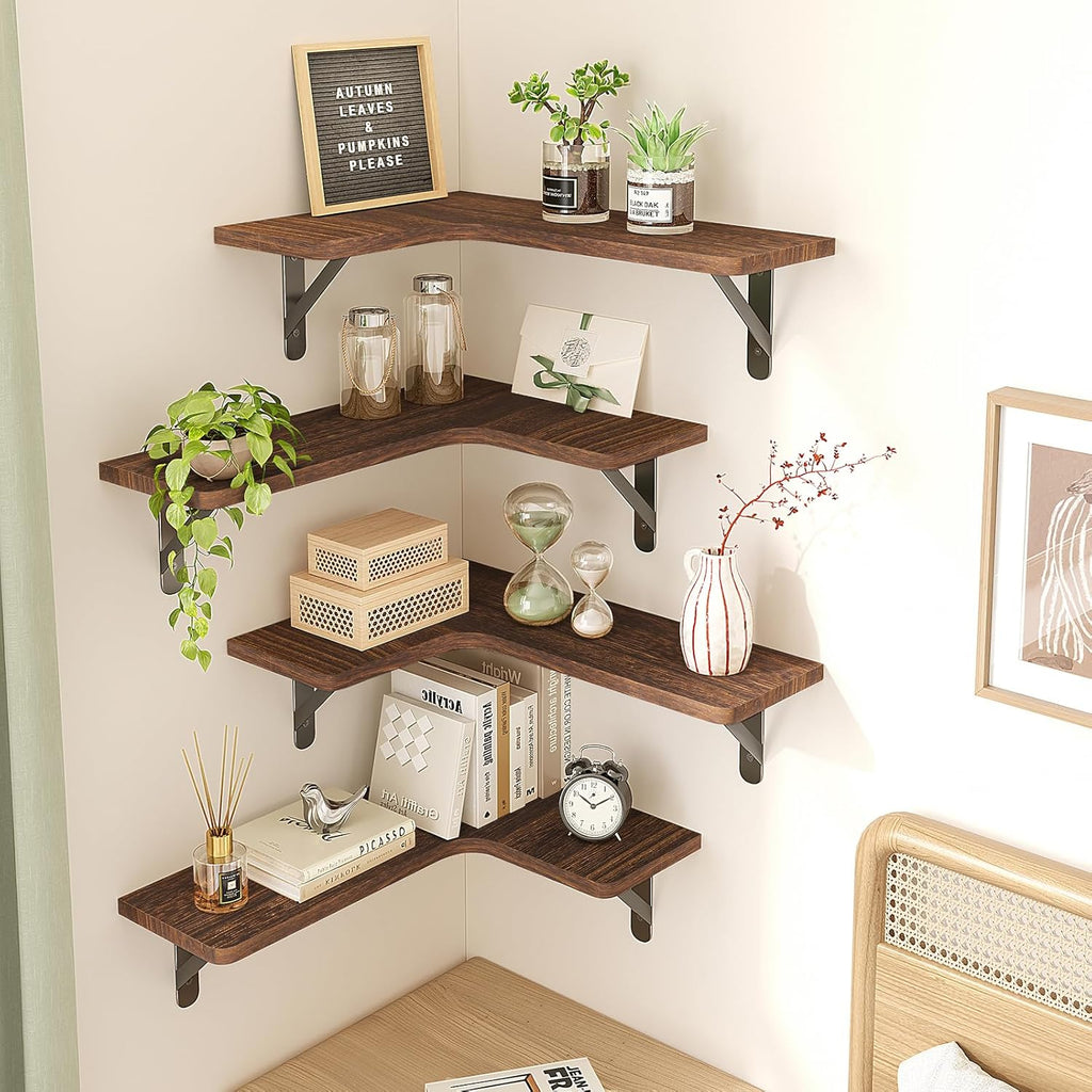 Fixwal Corner Floating Shelves for Wall, Rustic Wood Wall Mounted Shelf