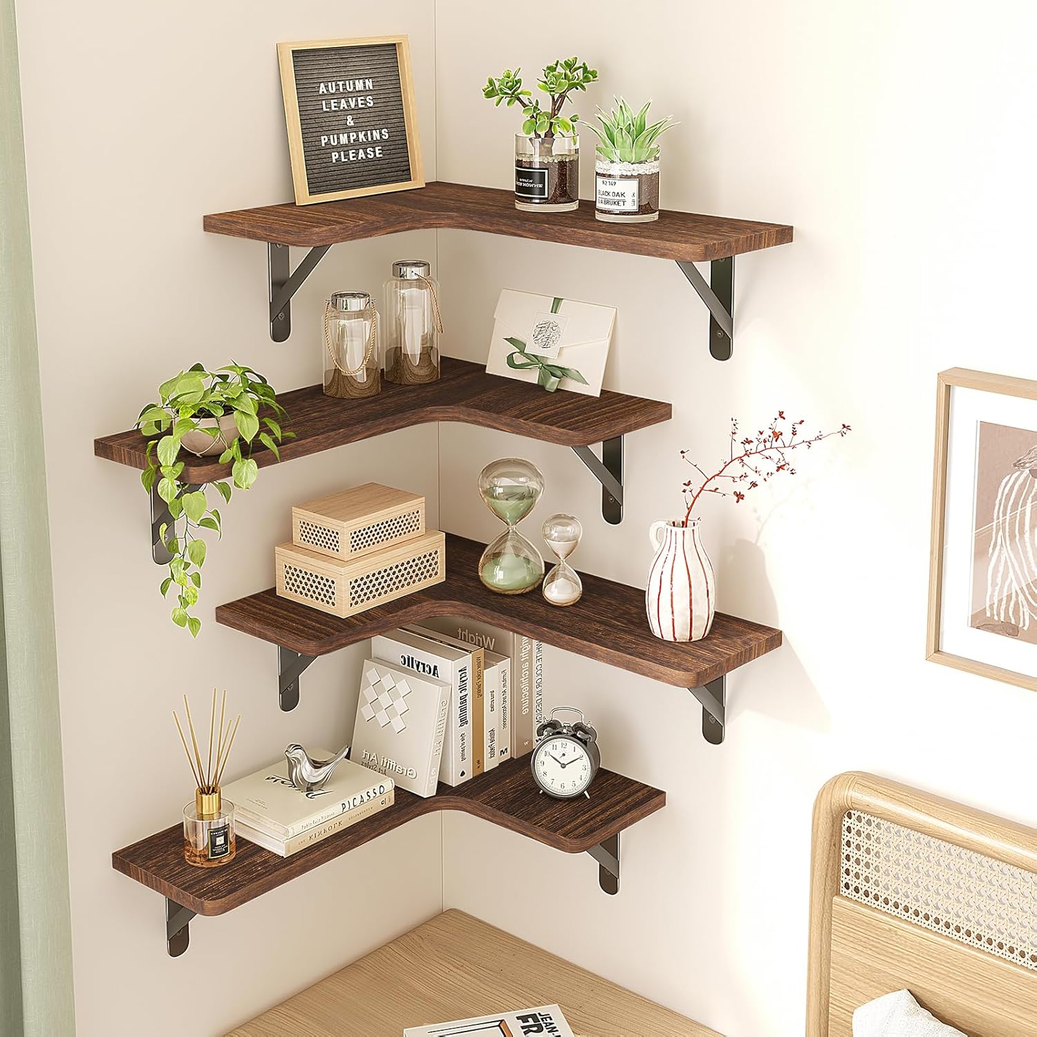Fixwal Corner Floating Shelves for Wall, Rustic Wood Wall Mounted Shelf