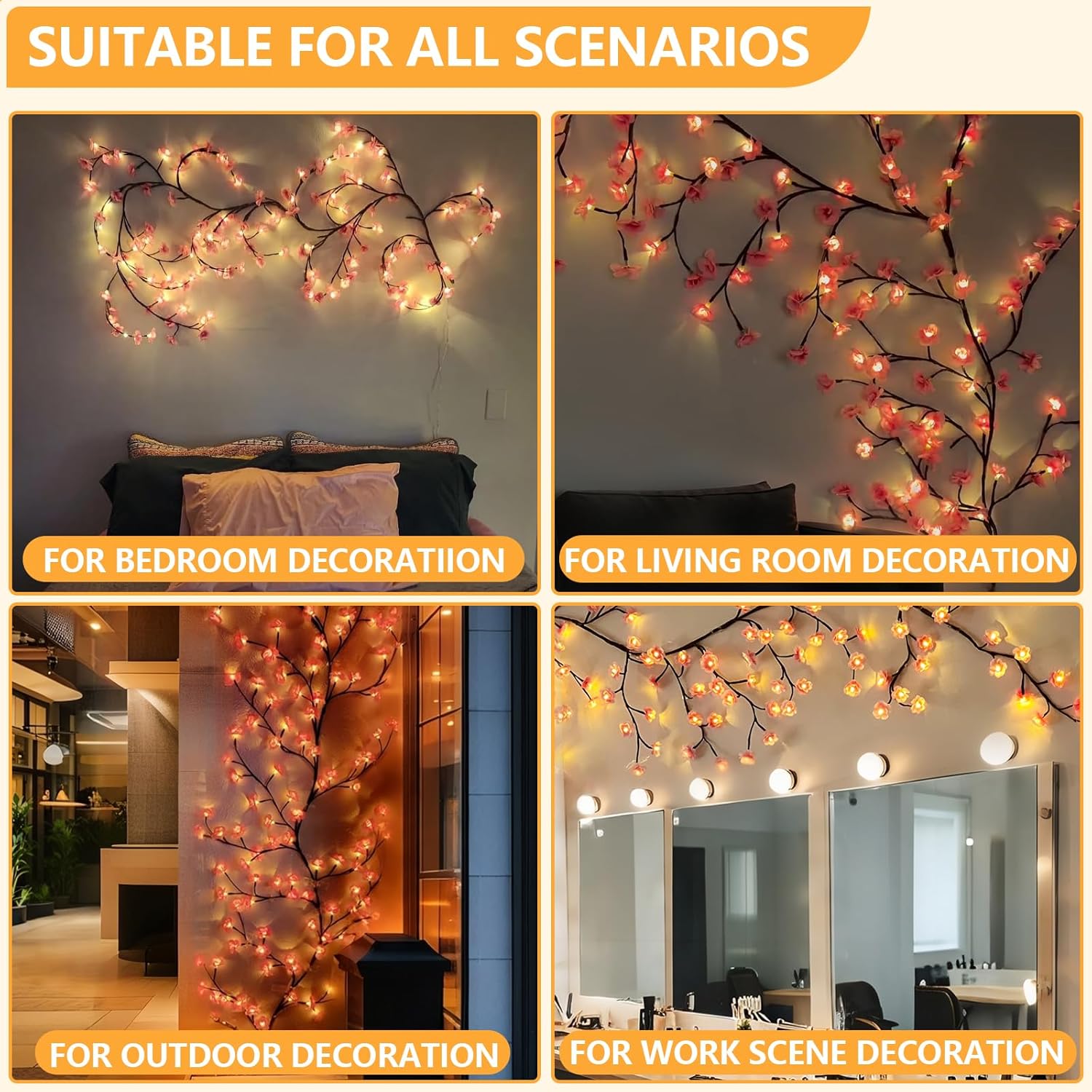Cherry Enchanted Willow Vine Lights, 4FT 48LED Pink Cherry Blossom Tree Branch Lights for Wall