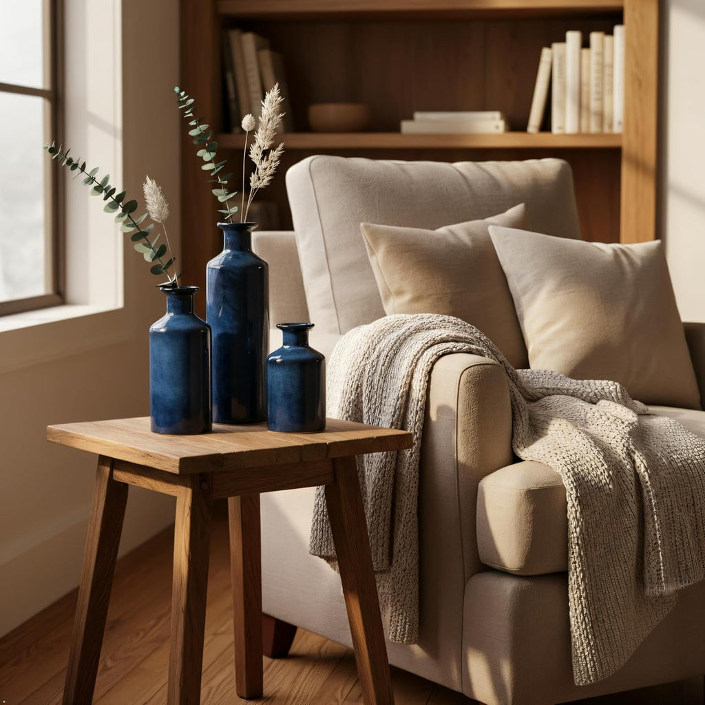 Mowtanco Blue Ceramic Vase Set of 3 Small Vases