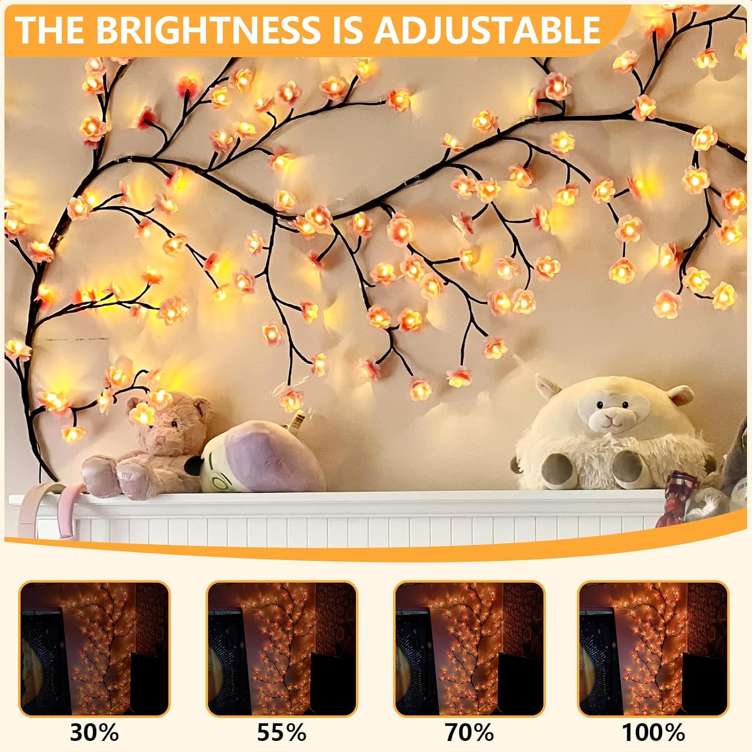 Cherry Enchanted Willow Vine Lights, 4FT 48LED Pink Cherry Blossom Tree Branch Lights for Wall